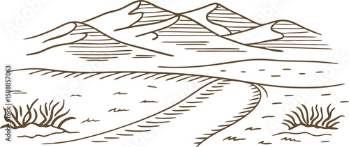 Minimalist mountain landscape sketch with desert pathway and sparse vegetation