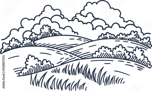 scenic countryside landscape with rolling hills and clouds peaceful nature illustration