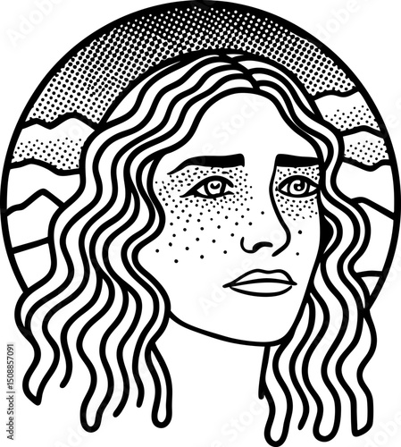 Illustrated portrait of a woman with freckles and wavy hair on graphic background