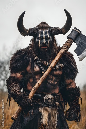 Fierce minotaur warrior brandishing a massive battle axe in a tribal setting.