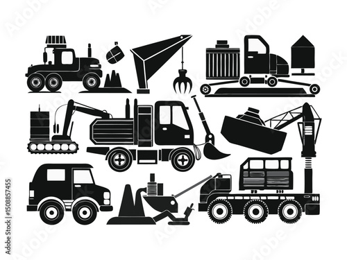 Collection of heavy machinery icons isolated on white background
