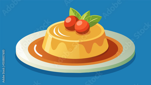A classic flan presentation features a simple yet indulgent dessert with a creamy texture and rich taste that never disappoints.. Vector illustration