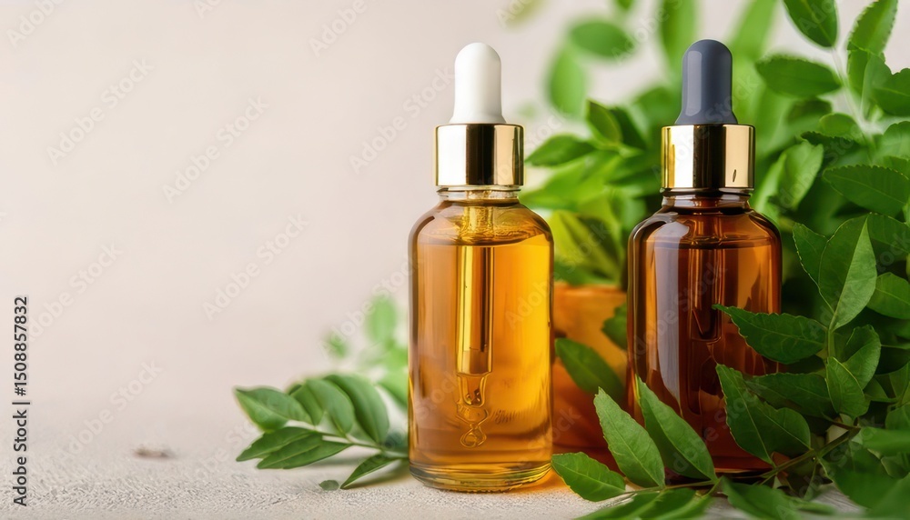 Two amber dropper bottles with gold caps sit among green leaves, suggesting natural or herbal skincare or essential oils. Two amber dropper bottles with gold caps sit among green leaves, suggesting natural or herbal skincare or essential oils.