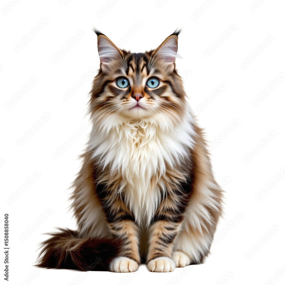 Obraz premium Majestic Long-Haired Cat with Striking Blue Eyes Posing Gracefully Against a Simple Background