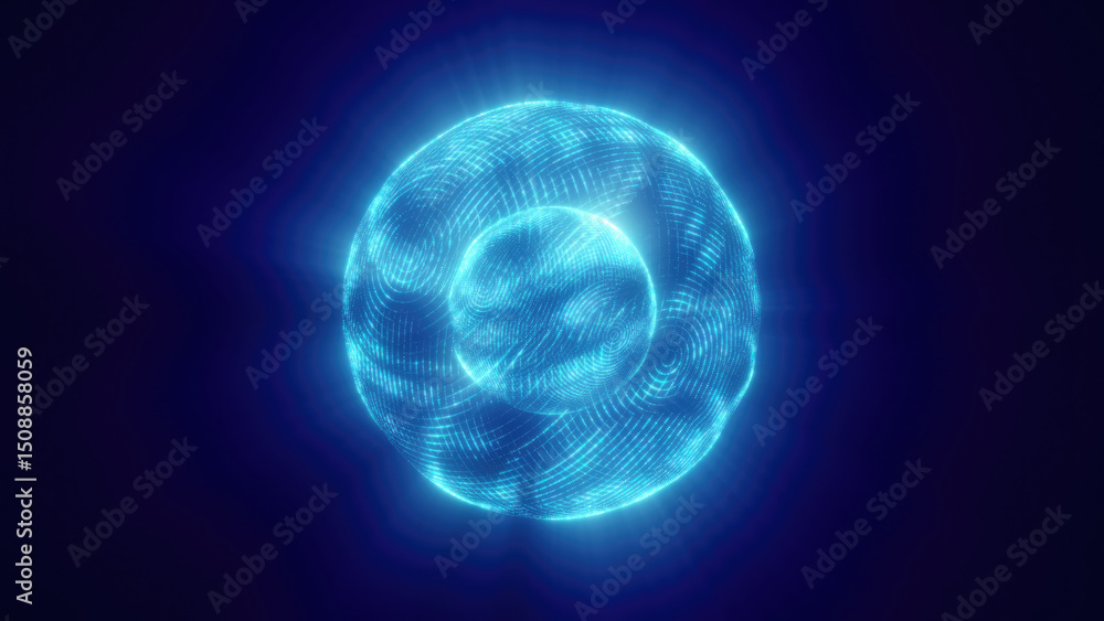 Obraz premium Futuristic glowing blue sphere composed of digital lines and dots on a dark background, representing technology, data, and innovation
