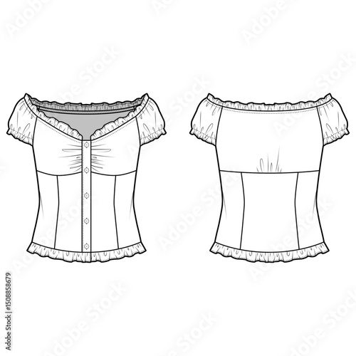Technical flat sketch of sweetheart neck blouse. Button up top with puff sleeves. Ruffle detailed V-neck blouse. Vector mock up Template. 