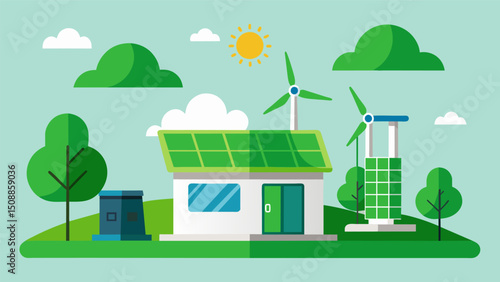 A green gardenlike structure with solar panels and wind turbines acting as a charging and refueling station for electric air vehicles.. Vector illustration