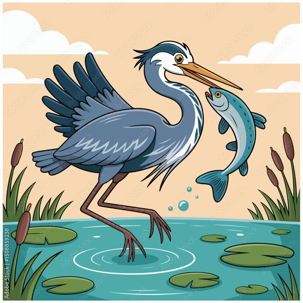 Fototapeta premium a heron is catching a fish 9.eps