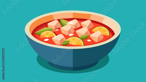 A bowl of ceviche filled with chunks of flaky cod cured in a tangy blend of gfruit juice and diced tomatoes.. Vector illustration