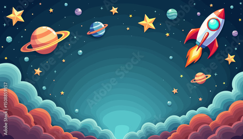 Cartoon rocket and planets in outer space, with copy space