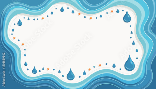 Abstract water frame with blue waves and water droplets, with copy space