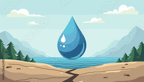 Water drop illustration over a landscape scene to represent freshness for websites