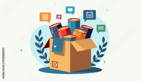 Donation box of canned goods with icons, concept for food drive
