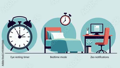 Time management scenes with alarm clock, bed, and computer, for blogs