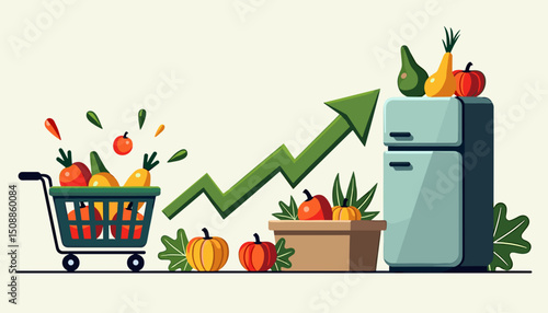 Groceries in a shopping cart and upward trending arrow representing increased food costs, for blogs