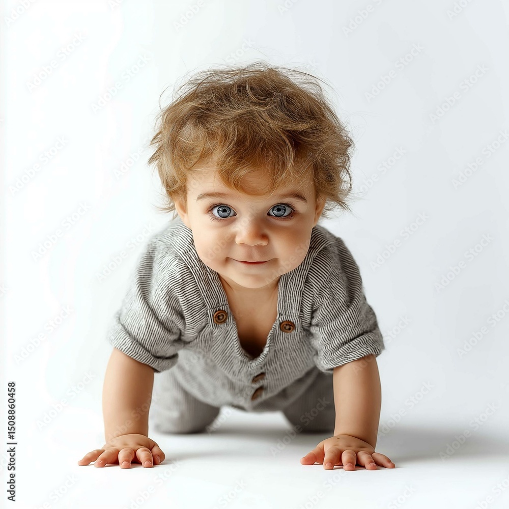 Fototapeta premium Adorable baby crawling on a soft surface with bright eyes and curly hair.