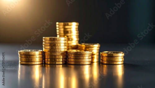 neatly stacked gold coins on reflective surface, soft spotlight from above, dark background