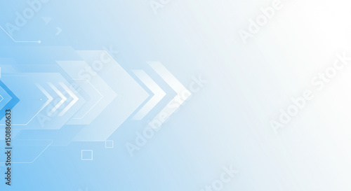 Abstract futuristic background with soft blue and white gradient, overlapping transparent geometric shapes and arrows pointing forward, clean and minimal style