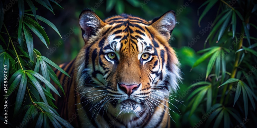 A majestic tiger's eyes gleam in the dark as it pads silently through dense undergrowth, its striped fur blending seamlessly into the surroundings , camouflage, nature A majestic tiger's eyes gleam in the dark as it pads silently through dense undergrowth, its striped fur blending seamlessly into the surroundings , camouflage, nature