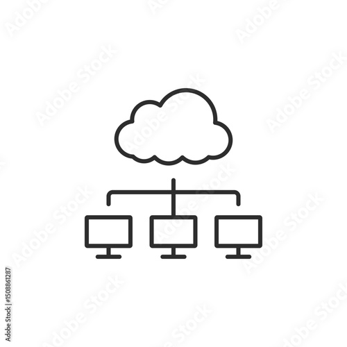 This icon vividly illustrates a cloud connecting to multiple computer screens, representing the concept of cloud computing and the functionality of interconnected networked systems used widely today