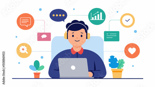 A customer service representative using analytics to identify and resolve issues with individual user accounts ensuring a smooth streaming experience.. Vector illustration