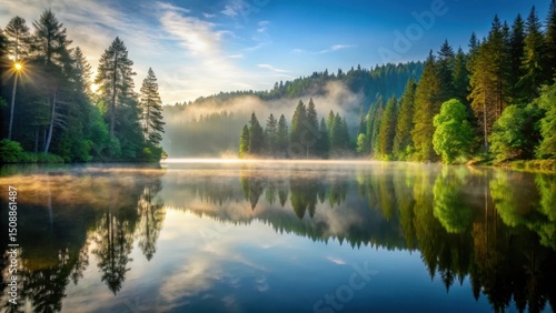 A serene lake in the heart of the Black Forest surrounded by lush greenery and towering trees, with a misty veil rising from the water's surface at dawn , titisee lake, forest lake