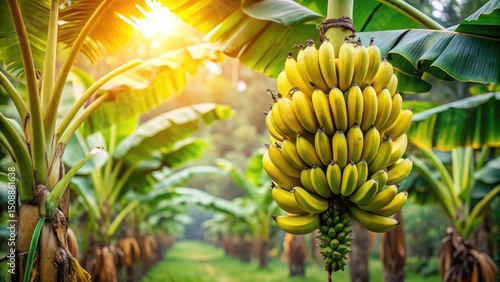 Wallpaper Mural A cluster of ripe bananas hanging from a tree in an Indonesian plantation with lush green leaves and vibrant tropical flowers surrounding it , farm life, indonesia Torontodigital.ca