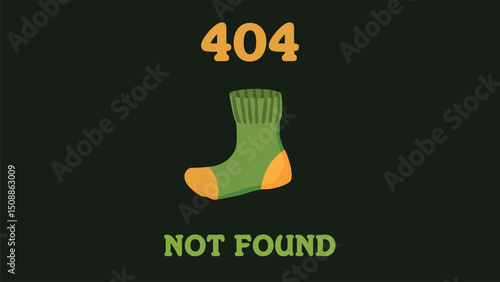 Vector illustration of 404 page not found. Funny flat 404 error design for your website. Humorous metaphor. Socks are easily lost and disappear during washing etc. Sock as well as page not found
