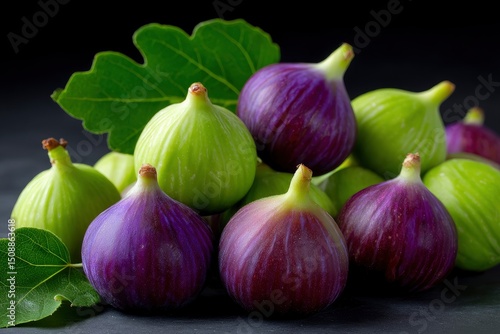 Wallpaper Mural Close-up of ripe and unripe figs in green and purple tones with leaves against a dark backdrop. Torontodigital.ca