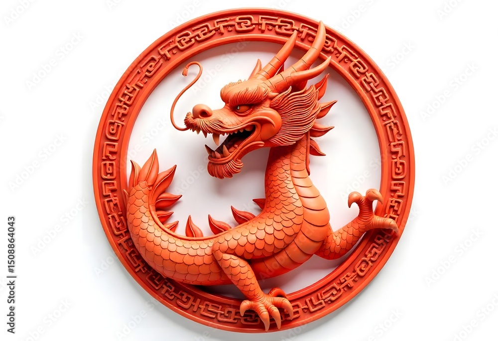 Fototapeta premium Chinese dragon figure curled in red circle representing cultural mythology and symbolism high resolution picture