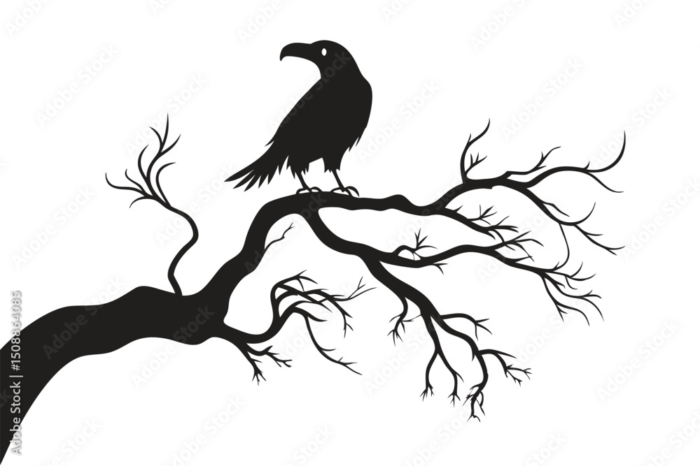 Naklejka premium Silhouette raven perched on a bare branch