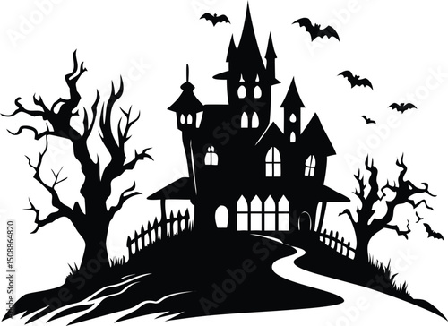 Spooky halloween haunted house silhouette bats trees