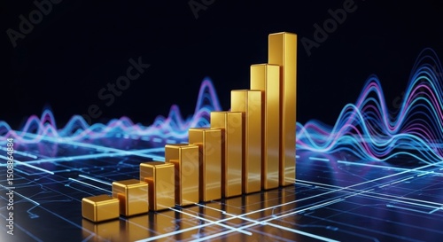 A 3D golden bar graph rising sharply from left to right on a dark tech background, glowing digital lines, futuristic business growth concept, no text, no logos, ultra high-resolution