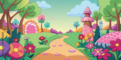 Enchanting candyland path, fantasy landscape illustration