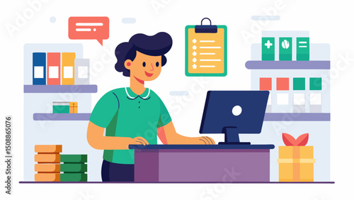 A cashier using realtime sales data to track inventory levels and ensure popular products are always in stock.. Vector illustration