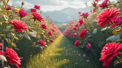 red rose garden path romantic flower field nature bloom valley landscape
