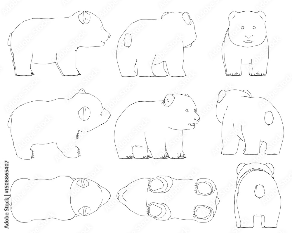 Fototapeta premium The image is a series of drawings of Panda in different poses. The Panda are all white and have no fur. The drawings are all in black and white, and they are all lined up next to each other