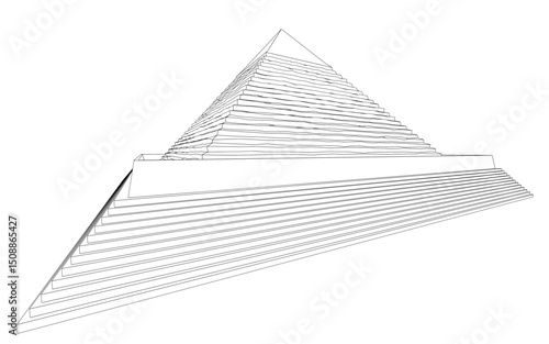 A pyramid is shown in black and white. The pyramid is very tall and has a very sharp point at the top. The pyramid is very detailed and has a lot of texture