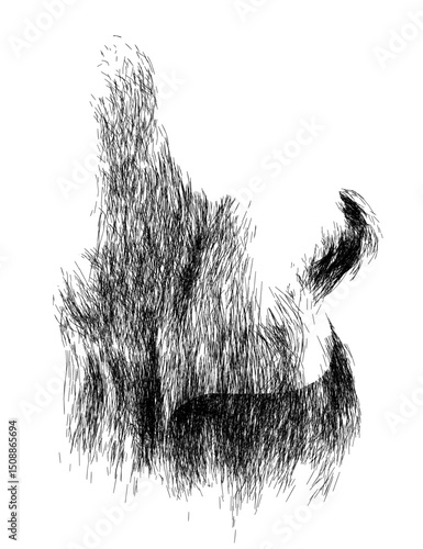 A black and white drawing of a person's beard. The drawing is very detailed and has a lot of texture. The person's hair is very thick and he is unkempt. Side view