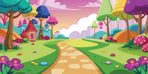 Whimsical candy land path, cartoon landscape, png