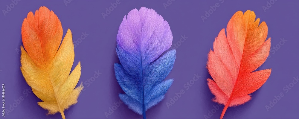 Obraz premium Three vibrant feathers showcased on a bold solid purple background