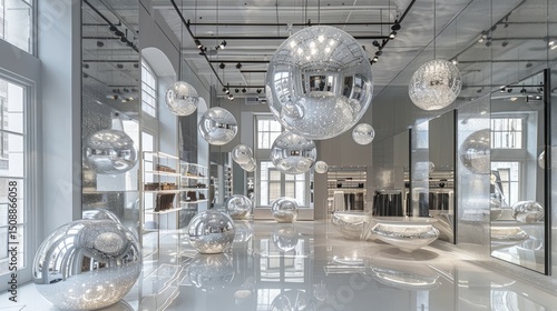 Crystal Sphere Chandelier in Boutique - A stunning spherical crystal chandelier in a high-end fashion boutique with mirrored walls.