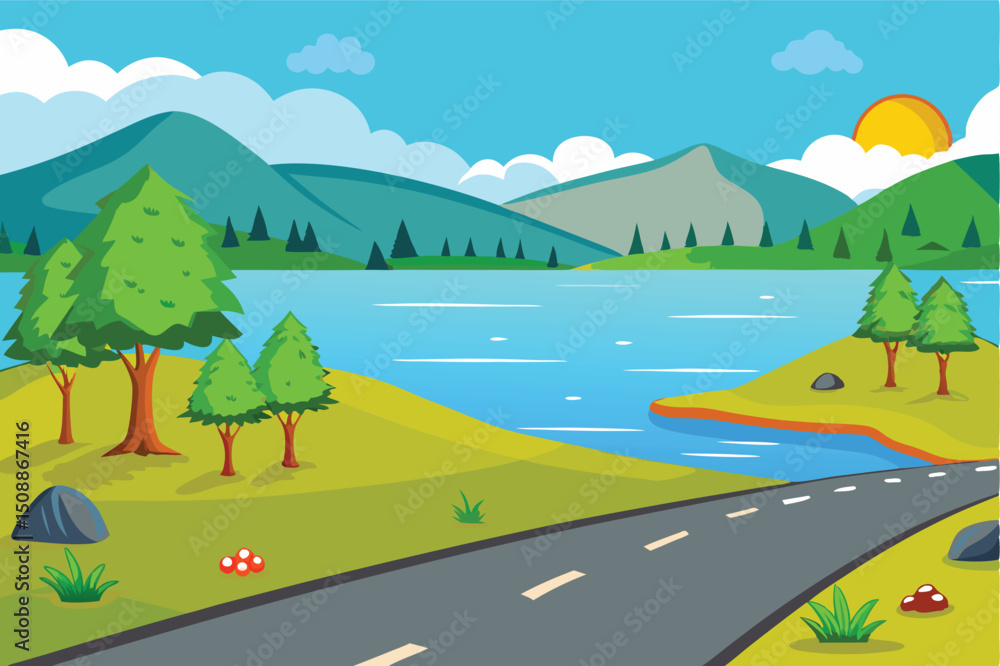 Obraz premium Scenic lake road landscape illustration, transparent background
