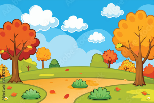 Autumn park scene, colorful trees, isolated cutout