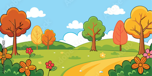 Autumn landscape with trees and path, transparent background
