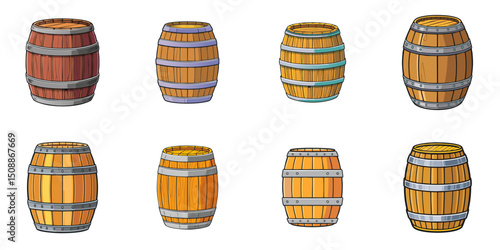Multiple vector illustrations of barrels, outlines

