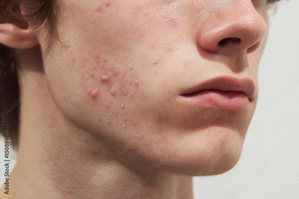 Fototapeta premium Close-up of skin with acne on young male face expressing concern