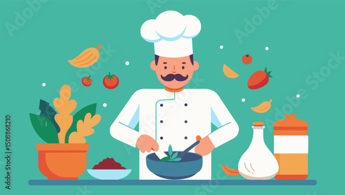 A chef skillfully mincing shallots oregano and paprika to add depth to their homemade chimichurri sauce.. Vector illustration
