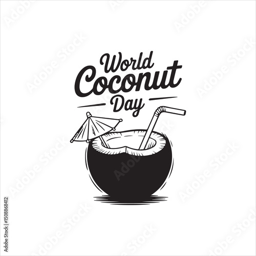 World Coconut Day Vector Illustration,Coconut Drink with Straw and Umbrella Line Art,Tropical Coconut Juice Outline Design,Hand Drawn Coconut Beverage Vector Graphic,Minimal Coconut Drink with Straw