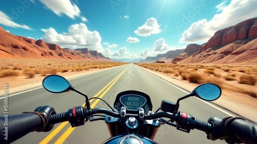 First-person POV motorcycle ride through stunning desert canyon landscape with red rock formations, blue sky, and endless highway stretching to horizon.